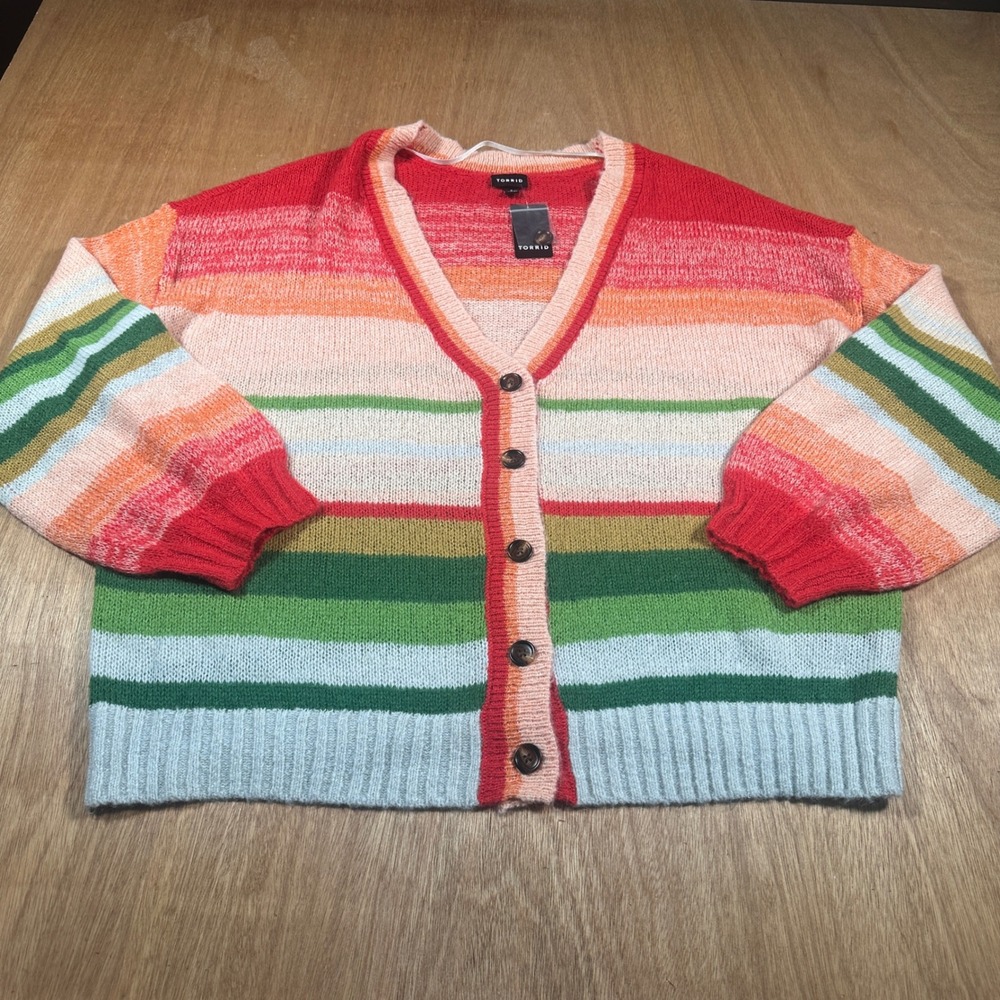 Torrid 2X 18/20 Rainbow Stripe Button Cardigan Textured Drop Shoulder Sweater